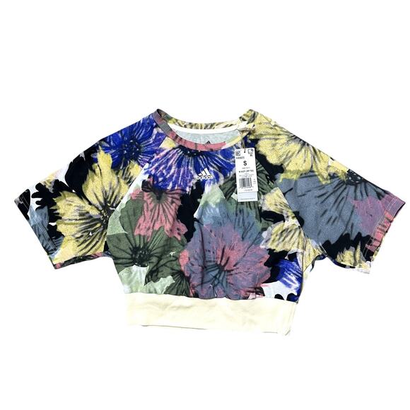 Adidas Multicolor Floral Print Crop Tee NEW - Picture 1 of 7